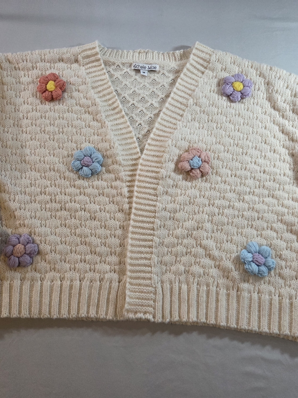 Cream Crochet Flower Knit Cardigan